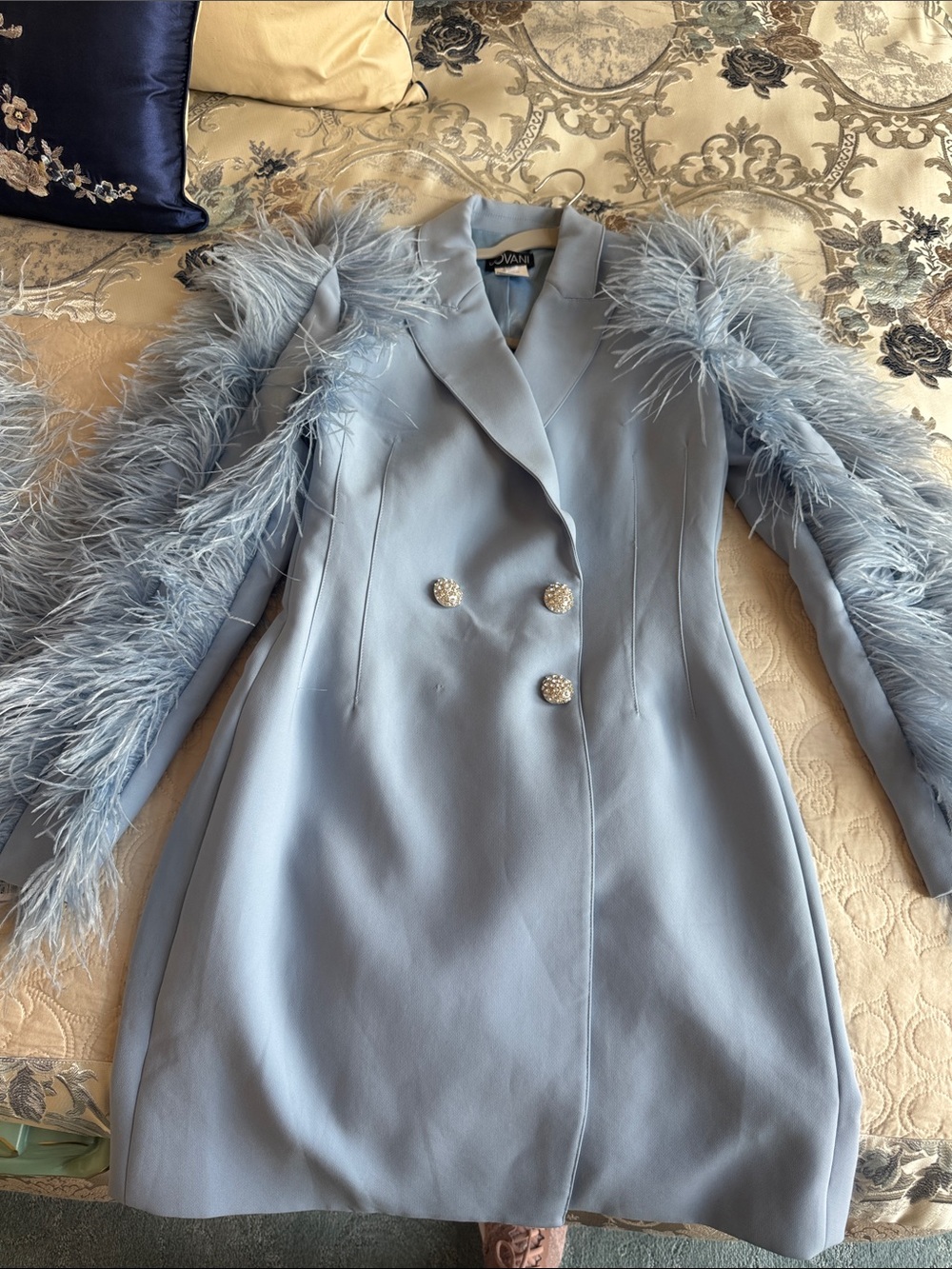 Jovani Light Blue Feather-Trim Double-Breasted Trench Coat